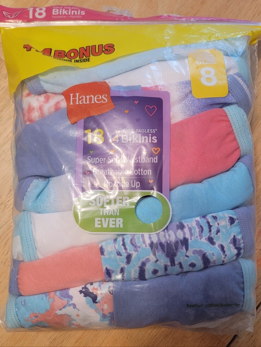 Hanes Girls Bikini Underwear Pack – Blue, Pink, Purple, White, 18 Count, Size 8